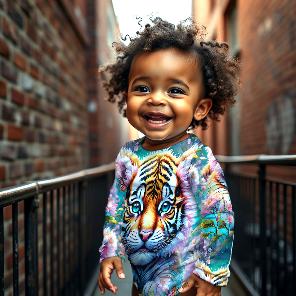 A stylish baby wearing a bold, all-over-print onesie featuring a colorful tiger and floral patterns, posing in an urban environment.