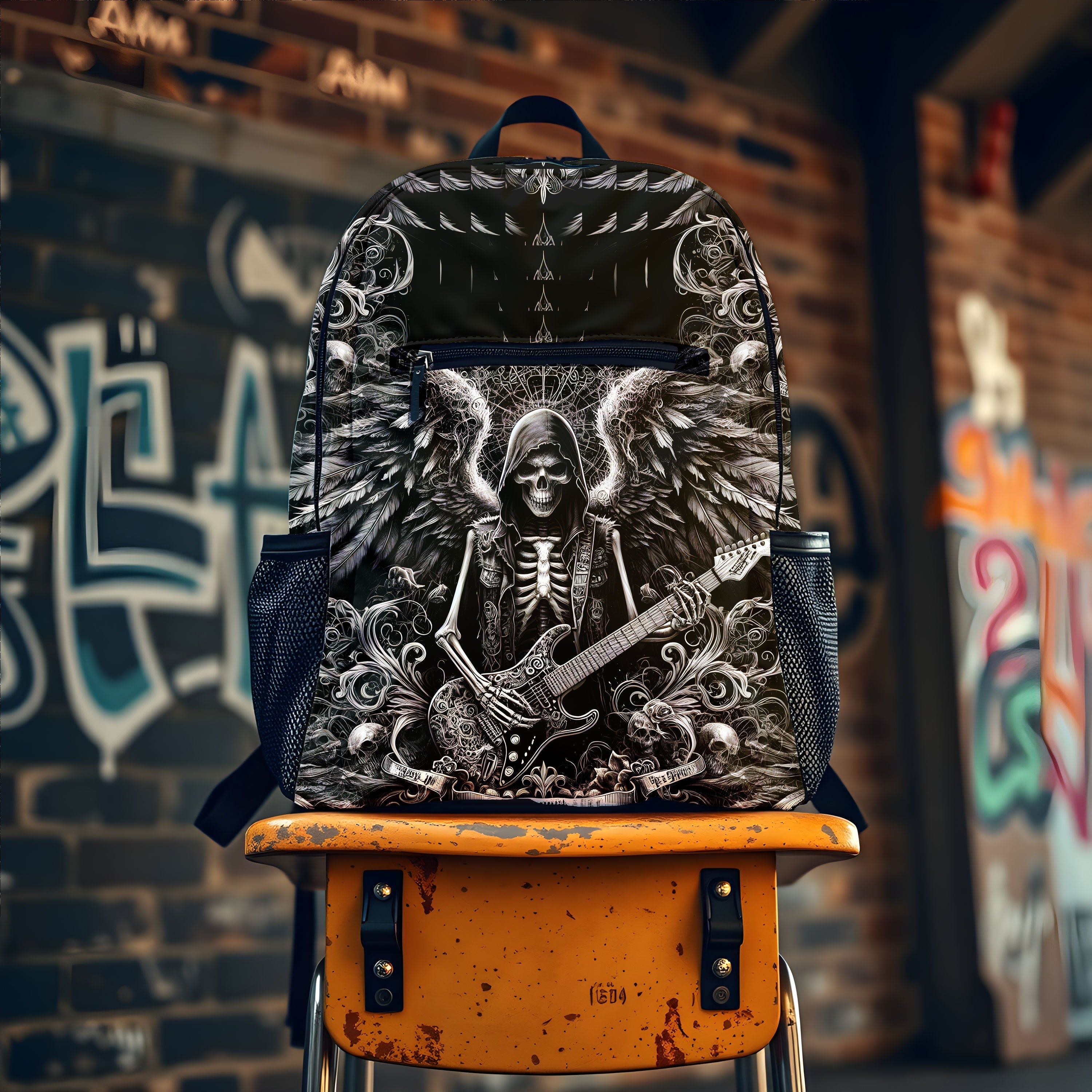 A bold, all-over-print backpack with a rockabilly design, worn by a stylish individual.