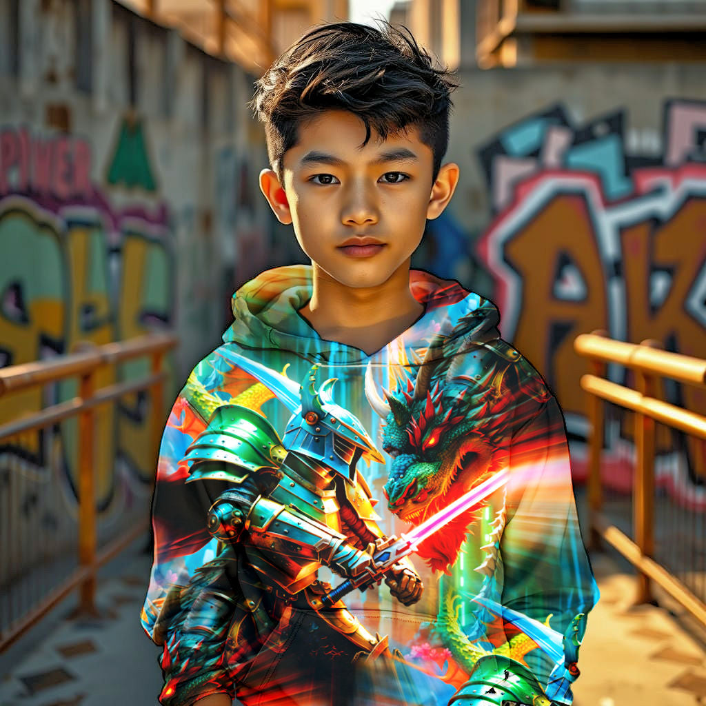 A stylish kid wearing a cool, all-over-print hoodie with a futuristic dragon battle design, posing in an urban setting.