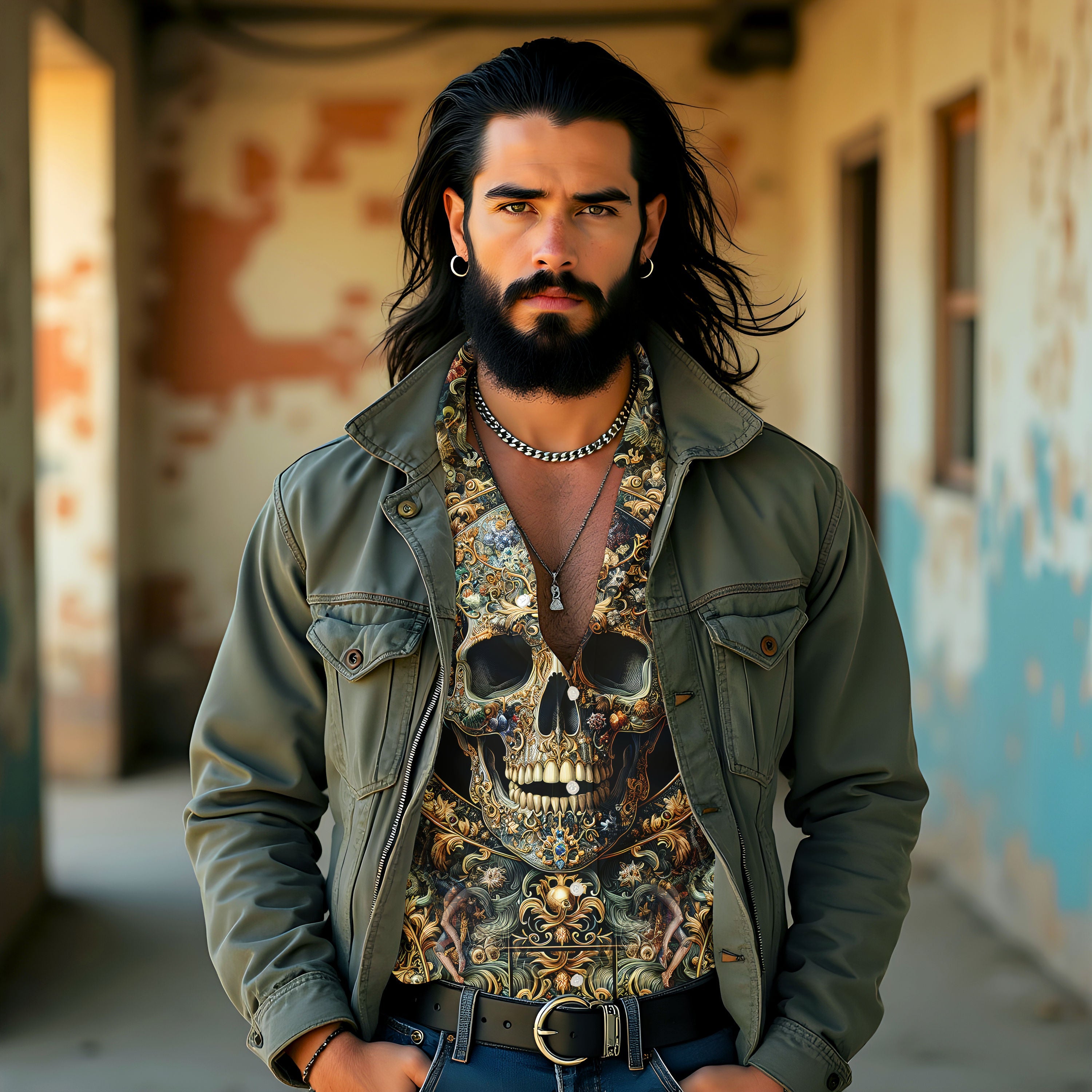 A stylish man wearing a unique all-over-print Cuban collar shirt, posing in an urban setting.