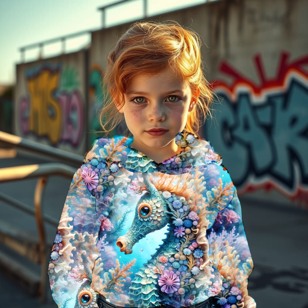 A stylish little girl wearing a cool all-over-print hoodie with an ethereal seahorse underwater scene, posing in a skater park.