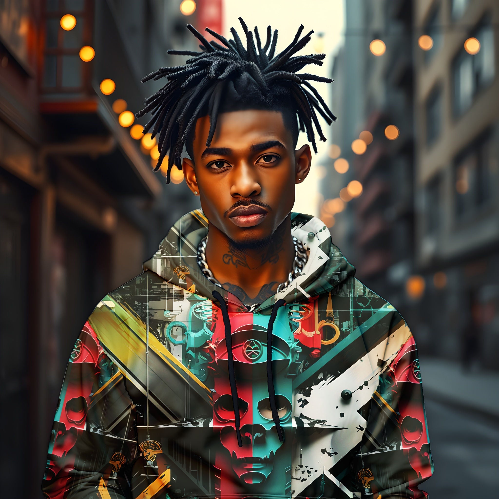 A man rocking a bold, all-over-print hoodie in an urban setting.