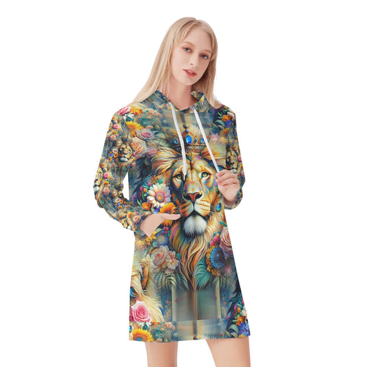 Lion's Floral Kingdom - Hoodie Dress - A Regal Tapestry