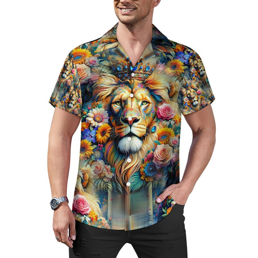 Lion's Floral Kingdom - Cuban Collar Shirt - A Regal Roar